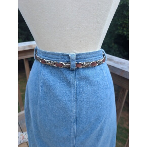 Vintage Brown Leather Belt Concho Western Slim Festival Silver Buckle M/L - Picture 5 of 8